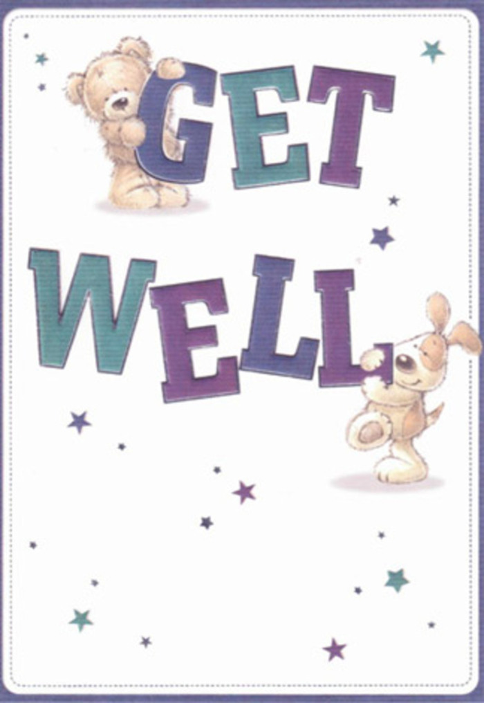 This get well card brings to mind the gentle optimism of a morning walk through one of Surrey's leafy commons. At its center, a cuddly bear and a lively puppy exchange a silent but powerful wish for wellness, each cradling part of the exuberant 'Get Well' message shaded in rich purples and calming aquas. Their joyful postures and smiling faces echo the comfort and encouragement offered by close-knit friends or a loving Surrey family. The playful arrangement of twinkling starbursts in varied hues-scattered across a spotless, creamy backdrop-evokes the feeling of sunshine glinting through early-morning leaves along the paths of Dorking or Ashtead. The detailed illustration invites touch: you see the plush, inviting softness of the bear's fur, the ever-so-slight tilt of the puppy's floppy ears, making the scene deeply tactile and emotionally present. There's a sense of artistry reminiscent of arranging a posy at Surrey Flowers, where every bloom, like each penciled line, contributes to a message of healing and support. The composition radiates gentle encouragement and hope, perfectly complementing a bouquet sent to offer solace or gratitude, whether to a home in Walton-on-Thames or a hospital in Redhill. Each thoughtfully crafted detail weaves together innocence, care, and local warmth, offering more than a wish-it is a visual hug for someone on the mend.