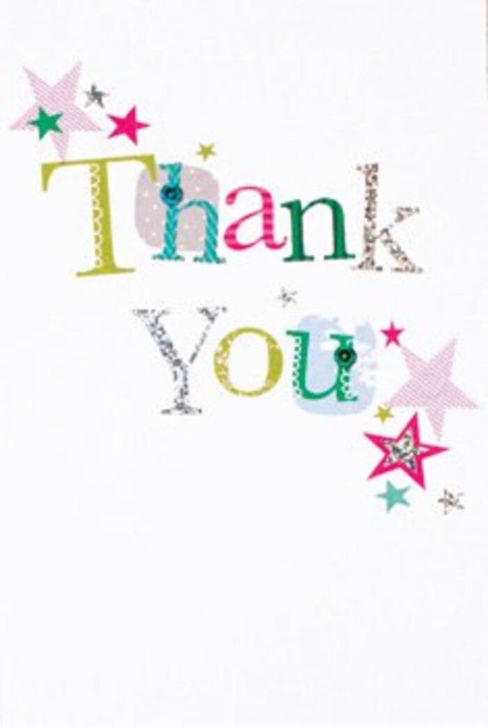 The thank you card presents a harmonious composition, its artistry echoing the subtle elegance found throughout Surrey's classic garden landscapes. Each letter in 'Thank You' possesses its own character-some buoyant, marked by playful dots or gently swirling curves, others exuding a graceful flair with almost musical contours. Colours pulse with life: deep azure, radiant pinks, and silvery sheens, reminiscent of summer skies above Wisley or the tranquil waters of the River Mole. Near the heartfelt phrase, clusters of stars-some adorned with vibrant pink stripes, others shimmering in turquoise or reflective silver-seem to bless the message with a lingering aura of celebration, much like the festooned arches at a village fete. The whole design is balanced by a pristine white background, lending airiness and a touch of modernity, inviting each element to shine. It walks a path between relaxed warmth and understated sophistication, capturing a spirit that suits both close friends and community occasions alike. As your local Surrey florist, we often see cards like this nestle beside spring bouquets, amplifying a sense of shared gratitude-elevating simple thanks to an experience every bit as memorable as the flowers themselves.